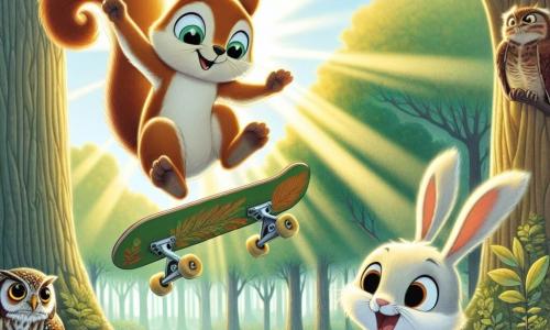 Um jovem esquilo chamado Tico, com pelagem castanho claro e olhos brilhantes de determinação, está fazendo um salto acrobático em seu skate, sorrindo em uma clareira ensolarada. Perto dele, uma coelhinha travessa chamada Lili, com orelhas longas e pelagem branca, aplaude entusiasmada, admirando seu amigo. Um sábio coruja chamado Olavo, empoleirado em um galho, observa a cena com orgulho, suas penas marrons e óculos redondos lhe conferindo um ar inteligente. A clareira é cercada por árvores majestosas com folhas verdes vibrantes, e o chão está coberto por uma suave camada de grama verde, enquanto raios de sol filtram pelas ramas, criando uma atmosfera alegre e energética. Tico está prestes a realizar um truque impressionante, ilustrando o tema da amizade e da perseverança no esporte.