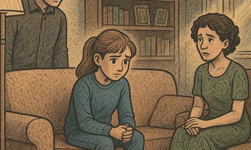 A 12-year-old girl, anxious but determined, with mid-length light brown hair in a ponytail and large bright eyes, wearing a blue sweater and jeans, sits center on the sofa clutching her knees; the father, about 40, tall with broad shoulders, short brown hair and a tired but softened face, stands by the lamp to the left looking at her with remorse; the mother, about 38, with short curly hair in a subtle patterned green dress, sits right in an armchair by the coffee table with hands on her knees, contrite but ready to listen; the warm, slightly cluttered living room has a patterned rug, bookshelf with family photos, dim lamp light and a window with curtains letting in an oblique sunbeam; main scene: a calm family meeting after arguments, an atmosphere of repair and communication with hesitant but open gestures and warm colors.