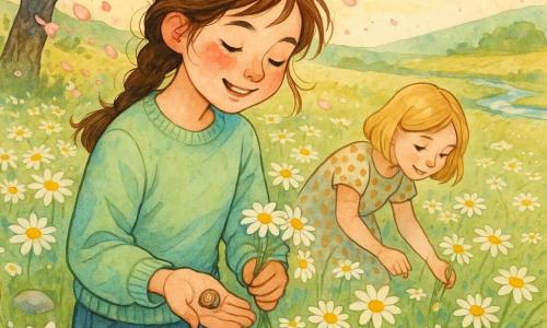 O fată de 12 ani, veselă și uimită, cu părul castaniu într-o împletitură lejeră, poartă un pulover verde deschis și blugi; adună delicat margarete căzute și ține o cochilie de melc strălucitoare în palmă. Alături, Daria, tot de ~12 ani, blondă, zâmbitoare, într-o rochie cu buline, culege flori. În fundal un câmp vast de margarete albe cu miez galben, iarbă unduitoare, câteva pietre netede și un pârâu scânteietor; la stânga un prun în floare răspândește petale roz. Lumină de sfârșit de dimineață, umbre moi, culori pastelate, urme de tuș și texturi acuarelă; cele două fete adună cu grijă comori de primăvară, creând un colțișor de natură și o atmosferă de împărtășire.