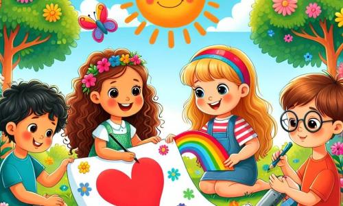 Quattro bambini felici sono riuniti in un parco soleggiato, circondati da fiori colorati e alberi verdi. Leo, una ragazza di 8 anni con capelli ricci e un grande sorriso, è seduta sull'erba, tenendo un grande foglio di carta rossa su cui disegna un cuore. Marco, un ragazzo di 7 anni con occhiali e un cappellino da dinosauro, è accanto a lei, mentre colora un sole giallo brillante. Sara, una ragazza di 9 anni con una gamba di legno, è in piedi, disegnando un arcobaleno con colori, i suoi occhi brillano di gioia. Tommaso, un ragazzo di 8 anni con capelli castani e occhiali, è seduto a gambe incrociate, pensieroso con una matita in mano, pronto a scrivere un messaggio per suo papà. Il parco è pieno di risate e colori, con farfalle che volano e un cielo blu chiaro. I bambini mostrano le loro creazioni ai papà, che li guardano con meraviglia. La scena emana un'atmosfera di felicità e complicità, celebrando la festa del papà con regali fatti a mano.