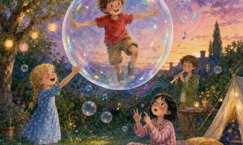 Vier Kinder: Max (9), braune zerzauste Haare, rotes T-Shirt, olivfarbene Shorts, schwebt in der Mitte leicht über dem Boden in einer großen transparenten Seifenblase, Arme wie ein kleiner Astronaut ausgestreckt; Mia (9), blonde Zöpfe, hellblaues gepunktetes Kleid, steht links auf dem Rasen, lacht und streckt die Hand zur Blase; Lisa (8), kurze schwarze Haare, runde Brille, rosé gestreifter Schlafanzug, sitzt rechts auf einem Schlafsack, staunend und zählt an den Fingern; Ben (9), kastanienbraune Haare, grüne Jacke, im Hintergrund an einem kleinen Tisch mit einer Plastikflöte, spielt leise zur Begleitung. Schauplatz: Großmutters Garten in der Dämmerung, grüner Rasen mit Gänseblümchen, Hecken, alter Apfelbaum links, gelbe Laternenketten in den Zweigen, kleines Zeltlager mit Schlafsäcken, leicht feuchter Boden, violett-oranger Himmel. Szene: Eine große, glänzende, regenbogenreflektierende Seifenblase umhüllt Max und schwebt, umher tanzen kleinere Blasen, aus denen sichtbare bunte Notenwellen aufsteigen; die Kinder lachen und lauschen, zarte, humorvolle Nachtstimmung, Aquarellfarben, feine leuchtende Linien.