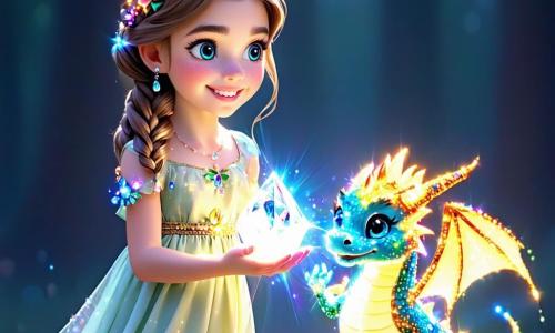Elara, una ragazza di 9 anni con capelli castano chiaro e occhi azzurri, si trova al centro dell'immagine, meravigliata, con un grande sorriso sul volto. Indossa un vestito leggero decorato con motivi floreali colorati e tiene un Cristallo della Luce brillante nelle mani, che illumina il suo viso con una dolce luce. Accanto a lei, Saphir, un piccolo drago con squame blu vivace e ali traslucide, batte le ali con entusiasmo, i suoi occhi brillano di curiosità. Fluttua leggermente sopra il suolo, pronto a volare. Sullo sfondo, Orion, un mago anziano con una lunga barba bianca e un mantello stellato, osserva Elara con un sorriso benevolo, apparendo saggio e potente, circondato da un'aura mistica. Il paesaggio incantevole del Mondo dei Sogni presenta un cielo blu profondo punteggiato di nuvole dorate, alberi maestosi con foglie scintillanti e un sentiero di cristallo che si snoda attraverso prati fioriti. Fiumi di luce liquida scorrono dolcemente, creando un'atmosfera magica. La scena principale mostra Elara che scopre il Cristallo della Luce, con un'espressione di gioia e meraviglia, mentre Saphir e Orion la incoraggiano in questa avventura magica, simboleggiando la scoperta e l'amicizia in un mondo fantastico.