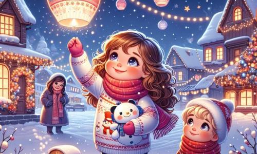 Una bambina di 5 anni, Sofia, con capelli ricci e occhi scintillanti, sorride con meraviglia tenendo una lanterna di carta colorata, pronta a lasciarla volare nel cielo stellato. Indossa un bel maglione con un grande pupazzo di neve e una sciarpa rossa. Accanto a lei, il suo fratellino Leo, di 3 anni, con guance rotonde e capelli biondi, guarda la sorella con ammirazione, tenendo un piccolo treno di legno tra le mani. La loro mamma, una donna sorridente di una trentina d'anni, con capelli lunghi e castani, li osserva orgogliosa, in piedi vicino a loro, avvolta in un caldo cappotto. Lo scenario è quello di una pittoresca piazza di paese, illuminata da luci scintillanti e circondata da case di legno decorate per il Capodanno, con uno spesso strato di neve brillante che copre il suolo. Fiocchi di neve cadono dolcemente dal cielo, aggiungendo un tocco di magia alla scena. Sofia, piena di gioia, si prepara a liberare la sua lanterna nel cielo, dove altre lanterne già si alzano, creando uno spettacolo incantevole di luci nella notte stellata, simboleggiando speranza e desideri per il nuovo anno.