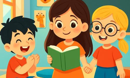 Una bambina di 6 anni, di nome Sofia, con lunghi capelli castani e occhi scintillanti, si trova al centro della classe, con un libro verde aperto davanti a lei. Ha un sorriso timido ma radioso, le guance leggermente arrossate dall'emozione e un pizzico di nervosismo. Alla sua destra, Mina, una ragazza di 6 anni con capelli biondi e occhiali rotondi, le tiene la mano, mostrando un grande sorriso incoraggiante. A sinistra, Luca, un ragazzo di 6 anni con capelli neri arruffati, applaude con entusiasmo, i suoi occhi brillano di ammirazione. La scena si svolge in un'aula luminosa, con pareti dipinte di azzurro chiaro, poster colorati di animali e lettere appesi, e una grande lavagna nera sullo sfondo. Cuscini colorati sono disposti sul pavimento, creando uno spazio accogliente per il cerchio di lettura. Sofia legge una frase del libro davanti ai suoi compagni, circondata da un'aria di sostegno e amicizia, mentre la luce del sole filtra attraverso la finestra, illuminando la stanza con un dolce calore.
