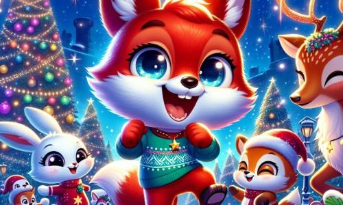 Rocco, una piccola volpe dai vivaci peli rossi e dai grandi occhi scintillanti di gioia, danza con entusiasmo in una radura innevata, circondato da luci scintillanti e decorazioni natalizie. Il suo sorriso radioso esprime la sua eccitazione per la festa. Accanto a lui, un adorabile coniglio bianco con un piccolo cappello di Natale, dagli occhi brillanti di meraviglia, applaude a ritmo, mentre un maestoso cervo con corna adornate di ghirlande colorate sorride calorosamente, osservando la scena con benevolenza. La radura è illuminata da stelle scintillanti in un cielo notturno, e alberi di Natale giganti, decorati con palline multicolori e ghirlande luminose, circondano lo spazio festivo, creando un'atmosfera magica e calorosa. La scena principale mostra Rocco e i suoi amici che celebrano gioiosamente il Natale insieme, cantando e danzando, mentre fiocchi di neve cadono dolcemente intorno a loro, aggiungendo alla magia di questo momento indimenticabile.