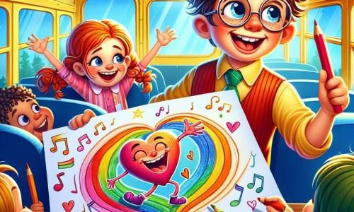 Un ragazzo di 8 anni, Mattia, con capelli castani disordinati e occhiali rotondi, sorride ampiamente, gli occhi scintillanti di eccitazione. Tiene un grande disegno colorato di un cuore danzante, circondato da note musicali e colori vivaci. Accanto a lui, una ragazza di 7 anni, Giulia, con capelli rossi e trecce, ride gioiosamente tenendo una matita multicolore, pronta a disegnare. Si trovano all'interno di un autobus scolastico giallo, con sedili in velluto blu e finestre che lasciano passare la luce del sole. I muri sono decorati con disegni di bambini e adesivi colorati. La scena principale mostra Mattia e Giulia che condividono le loro creazioni artistiche, circondati da compagni di classe curiosi che li guardano con sorrisi meravigliati. L'atmosfera è gioiosa e piena di creatività, con scoppi di risate che risuonano nell'aria.
