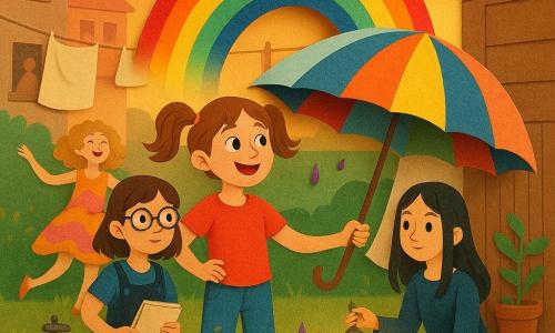 Quattro bambine in un piccolo giardino urbano al tramonto: Lina (circa 10 anni), castana in due codine, jeans con macchie di vernice, sorridente, tiene aperto un ombrello a righe e guarda l’arcobaleno; Marta (circa 10 anni), bruna con taglio carré e occhiali rotondi, in salopette con un taccuino, ha la mano sul fianco e osserva l’ombrello; Giada (circa 10 anni), alta e magra, capelli ricci biondi, vestito colorato, gira ridendo sullo sfondo a sinistra; Sara (9–10 anni), capelli neri lisci, inginocchiata a destra di Lina su una cassa di legno, tiene una piccola lampada vintage accesa. Sullo sfondo balconi vicini, fili con lenzuola bianche, un capanno di legno e vasi di fiori; al centro un grande ombrello aperto con una sciarpa bianca al manico da cui emerge un piccolo arcobaleno fluttuante fatto di fasce nette e brillanti come carta ritagliata; gocce violette scintillanti attorno a un vecchio rubinetto di metallo e bolle colorate; luce calda della lampada, atmosfera dolce e meravigliosa, colori vivaci e texture da carta ritagliata.