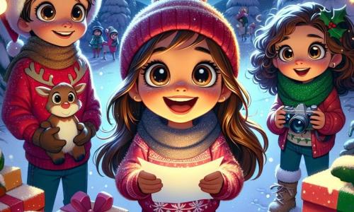 Una bambina di 7 anni, Sofia, con lunghi capelli castani e grandi occhi pieni di curiosità, si trova al centro dell'immagine, un grande sorriso illumina il suo viso. È circondata da regali colorati e decorazioni natalizie scintillanti, mentre tiene una lettera di carta tra le mani, piena di eccitazione ed entusiasmo. Accanto a lei, un ragazzo di 7 anni, Luca, indossa un cappello da renna e un maglione rosso con fiocchi di neve, guarda Sofia con un sorriso complice, pronto ad aiutarla nella sua missione. Un'altra figura, Giulia, una ragazza di 7 anni con capelli ricci e una sciarpa verde, sta scattando foto con una macchina fotografica, catturando la magia del momento. La scena si svolge in una incantevole foresta innevata, con alberi coperti di neve e decorati con luci. Fiocchi di neve cadono dolcemente dal cielo, aggiungendo un tocco di magia all'atmosfera festiva. Sofia e i suoi amici sono in un'avventura, cercando di consegnare una lettera a Babbo Natale, circondati da risate e gioia, illustrando lo spirito del Natale e l'importanza dell'amicizia e della solidarietà.