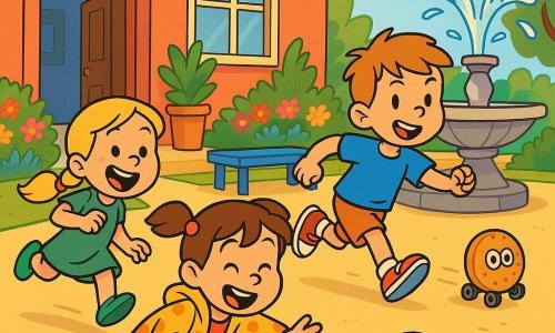 Luna, niña de 6 años, alegre y asombrada, pelo castaño en coletas y ojos grandes, se agacha y extiende la mano hacia una pequeña galleta redonda que rueda; Nico, niño de 6 años, travieso, pelo corto despeinado, camiseta azul y zapatillas rojas, corre hacia la galleta que va hacia la fuente a la derecha de Luna; Vera, niña de 6 años, pícara, pelo rubio trenzado y vestido verde, ríe mientras corre hacia la galleta que se dirige al jardín a la izquierda; patio escolar soleado con banco azul, fuente de piedra con agua salpicando, parterres de flores y la biblioteca con la puerta entreabierta y macetas; tres pequeñas galletas redondas con ojos dibujados y ruedas se desplazan en direcciones distintas —hacia la fuente, el jardín y la puerta de la biblioteca— mientras los niños las persiguen riendo; colores vivos, trazos nítidos, texturas simples, sombras suaves y ambiente dinámico y cómico.
