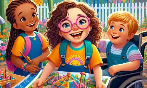 A 10-year-old girl, Lena, with curly brown hair and pink glasses, smiles enthusiastically as she holds a plan for their new inclusive playground. Her eyes shine with excitement, and she wears a bright yellow t-shirt with a sun design. Next to her, Mia, a 10-year-old girl with braided blonde hair, encourages her with a big smile, holding colored pencils in her hands. Liam, a 10-year-old boy in a wheelchair, looks on with admiration, his eyes sparkling with enthusiasm while holding a miniature model of the merry-go-round. The scene takes place in the school garden, filled with colorful flowers and greenery, with construction tools scattered around them. In the background, a large wooden sign announces 