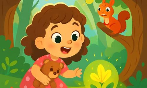 A 4-year-old girl with sparkling big eyes and curly hair wears a pink polka dot dress and shiny red boots. She smiles in wonder, holding a teddy bear under her arm. Next to her, a small squirrel with bright eyes and brown fur climbs a tree, curious and friendly. The setting is an enchanted forest filled with tall, gnarled trees, vibrant green leaves, and colorful flowers dancing in the wind. Sunbeams filter through the branches, illuminating the soft moss and small flowers on the ground. The main scene shows the little girl discovering a magical plant that softly glows in a circle of light, as she squats in awe, ready to explore it.
