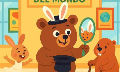 Un grande orso bruno tondo e dolce, sorridente e malizioso, con occhi tondi brillanti e grosse orecchie da coniglio comiche poste sulla testa dal cappello magico, è al centro in piedi, tiene il cappello consumato e si guarda in uno specchio; a sinistra la lepre Lilli, snella e vivace con abito crema e guance rosa, salta ridendo guardando Bruno con entusiasmo; a destra il castoro Max, tozzo con pelliccia rossiccia e denti visibili, appoggiato a un rastrello osserva la scena con calma divertita; sfondo: ingresso luminoso di un museo con grandi vetrate, pavimento chiaro, piedistallo con etichetta accanto al cappello e pannelli colorati 