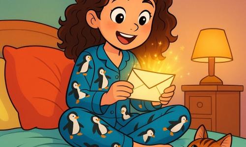Una niña de 12 años, Lucía, con cabello rizado castaño y ojos llenos de curiosidad, está sentada en su cama, rodeada de cojines coloridos. Lleva un pijama azul con pingüinos bailarines y su rostro brilla con una sonrisa maravillada mientras sostiene una pequeña carta mágica en sus manos. A sus pies, su gato Pancho, un gato atigrado de ojos verdes brillantes, se relaja con la cola enroscada alrededor de sus patas, mirándola con un aire travieso, como si supiera un secreto. La escena tiene lugar en una habitación cálida, con paredes pintadas en tonos pastel, estrellas brillantes pegadas al techo y una lámpara de noche que emite una suave luz dorada. Juguetes y libros están esparcidos por el suelo, creando un ambiente lúdico y acogedor. Lucía descubre una carta misteriosa bajo su cojín, lista para vivir una aventura mágica antes de dormir, con el corazón latiendo de emoción y anticipación.