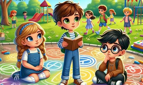 Um menino de 8 anos, chamado João, com cabelos castanhos bagunçados e olhos brilhantes de curiosidade, está no centro da imagem, com uma expressão pensativa e um pouco preocupada, segurando um livro aberto nas mãos. À sua direita, uma menina de 8 anos, Sofia, com cabelos loiros trançados e um sorriso caloroso, observa atentamente João enquanto segura um lápis e um caderno. À esquerda, um menino de 8 anos, Pedro, com óculos redondos e cabelos negros, olha para o livro com interesse, as sobrancelhas franzidas, como se estivesse pensando em uma questão importante. A cena acontece em um pátio escolar ensolarado, cercado por árvores verdes e brinquedos coloridos, com crianças brincando ao fundo. No chão, desenhos com giz colorido mostram palavras como 