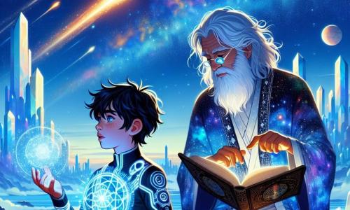 In the center of the image, Orion Starfield, a determined 15-year-old boy, stands confidently. He has tousled black hair, star-like bright eyes, and wears a spacesuit adorned with shimmering runes. His face shows intense concentration as he examines a glowing star map floating in front of him. Beside him, Sage Eldara, an elderly man around 70 with a long white beard and star-shaped glasses, flips through an ancient book of wisdom. He wears a flowing robe in galaxy colors, his eyes sparkling with intelligence and kindness. In the background, a majestic Lumina landscape stretches out, with giant crystals reflecting light in a thousand colors, creating a dazzling spectacle. The sky is a bright blue, dotted with luminous clouds and shooting comets. The main scene shows Orion focused on the map, ready to discover the path to the next step in his intergalactic adventure, while Eldara encourages him with a wise smile, surrounded by the radiant beauty of Lumina.
