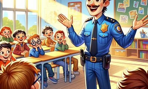 Un polițist pe nume Vlad, zâmbitor și prietenos, poartă o uniformă albastră strălucitoare cu o șapcă lucioasă. Are părul brunet și ochii plini de bucurie, stând în fața unei clase de copii mici, cu brațele deschise, ca și cum ar împărtăși o poveste captivantă. Lângă el, Alex, un băiat de 8 ani cu părul blond și ochelari rotunzi, îl ascultă cu atenție, cu ochii mari de curiozitate. Este așezat pe o bancă, înconjurat de colegii săi, care zâmbesc și ascultă. Scena se desfășoară într-o clasă luminoasă, cu pereți colorați, plini de desene și postere educaționale, iar razele soarelui creează o atmosferă caldă. Vlad povestește despre aventurile sale ca polițist, iar copiii ascultă fascinați, imaginându-se în roluri de eroi.