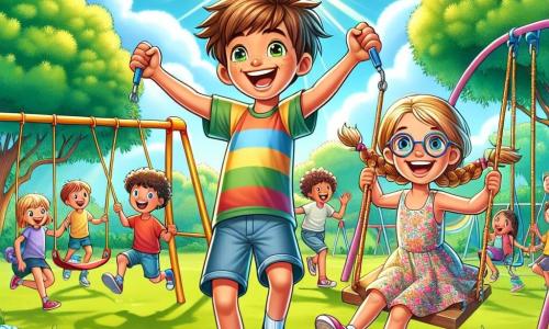 An 11-year-old boy, Max, with messy brown hair and a big smile, stands in the center of the scene with his arms raised in victory. He wears a colorful t-shirt and shorts, and his face shows bright joy and contagious determination. Beside him, Alice, a 10-year-old girl with braided blonde hair and glasses, laughs while swinging, radiating confidence and happiness. She is dressed in a floral dress and appears full of energy. The setting is a vibrant, sunny playground with swings, colorful slides, and children playing around them, creating a joyful and welcoming atmosphere. Lush green trees line the area, and the sky is a bright blue with a few white clouds. The main situation shows Max and Alice, surrounded by their friends, celebrating their victory in a game that demonstrated that boys and girls can work together and have fun, symbolizing gender equality. The children are united, laughing and applauding, illustrating beautiful harmony among all genders.