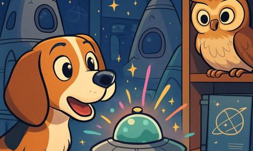 Baxter, a beagle with large floppy ears and a brown coat speckled with white, stands with a look of wonder, his eyes sparkling with curiosity as he discovers a small alien spaceship. Luna, a soft-feathered owl with big round eyes, is perched nearby on a shelf, her attentive and intrigued expression observing the spaceship with fascination. The setting is inside a space museum filled with old spacecraft and star maps, with twinkling lights and walls adorned with bright stars creating a magical atmosphere. The main scene shows Baxter and Luna discovering the alien spaceship together, which emits colorful lights and mysterious sounds, symbolizing an incredible encounter between friends and the unknown.