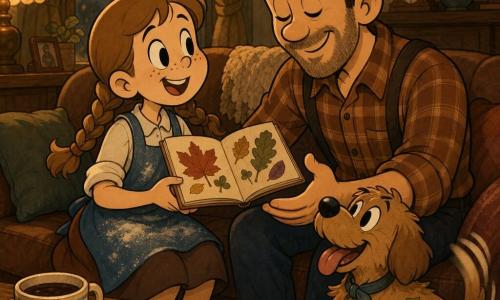 A happy, proud 10-year-old girl with a round freckled face and light brown hair in two braids, wearing a slightly flour-dusted apron, holds a small pressed-leaf book open on her lap as she offers it to her seated father (35–40, tender smile, light stubble, plaid shirt) who opens his eyes surprised and moved and takes the book; a medium light-brown dog named Benny wags his tail by the couch with a ribbon on his collar and a leaf stuck in his fur; cozy dusk living room with golden light through the window, soft cushions, a coffee cup and a plate of pancakes on the table, books and a brown notebook nearby, intimate Father’s Day surprise moment with colorful leaves visible, in a retro cartoon style with rounded lines and fluid movement