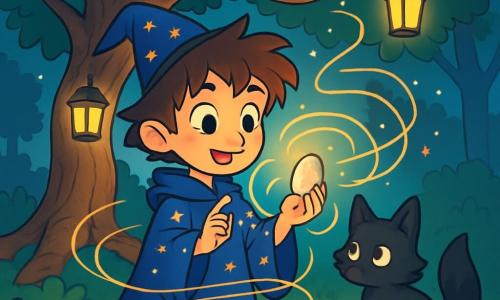 A young wizard, Ari, around 10 years old, with tousled hair and sparkling eyes full of curiosity, stands in the center of an enchanted clearing. He wears a midnight blue wizard robe adorned with twinkling star patterns and holds a small shiny stone in his hand, his face expressing wonder and concentration. Beside him, a mischievous fox named Soot, with black fur and bright eyes, watches attentively, ready to pounce. In the background, a majestic old oak tree, with twisted leafy branches, towers above them, while floating lanterns illuminate the scene with a soft golden light. The main focus shows Ari murmuring an incantation, surrounded by sparkling magical threads dancing in the air, creating an atmosphere of mystery and wonder.