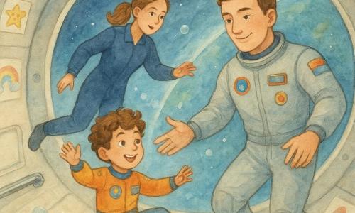 A smiling, focused pilot named Leo with a square face and short brown hair in a light gray spacesuit with colorful patches floats in gentle microgravity, making a small hand gesture to show a soft thrust; to his left and slightly forward an about-8-year-old boy with wide eyes and curly hair in a colorful leisure space outfit slowly spins smiling after a small somersault; behind them an instructor in her 30s with a ponytail in a practical navy outfit reaches out encouragement; the setting is a large round chamber with cream and gray padded walls, shiny metal handles and bars, a transparent ceiling revealing stars and the blue curve of Earth and cheerful posters on the walls; the scene is warm and calm, with controlled, gentle movements, muffled laughter, simulated air bubbles, and soft, watercolor-like lighting.