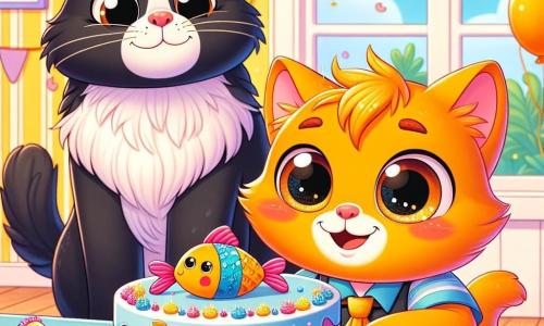 Un pequeño gato naranja brillante, llamado Leo, con grandes ojos brillantes y una sonrisa radiante, sostiene un pastel de pescado decorado con pequeñas estrellas de azúcar, su rostro iluminado de emoción y orgullo. A su lado, su papá, un gran gato negro llamado Max, con un pelaje brillante y ojos suaves, mira a Leo con una sonrisa emocionada, sus patas en las caderas, mostrando una expresión de alegría y admiración. La escena tiene lugar en un apartamento cálido, con paredes pintadas de amarillo pastel, ventanas abiertas dejando entrar la luz del sol, y globos de colores flotando en el aire. En la mesa, confeti y decoraciones de fiesta añaden un toque festivo al ambiente. Leo, con una mirada decidida, está presentando su pastel a su papá, listo para celebrar el Día del Padre, rodeado de una atmósfera alegre y llena de amor.