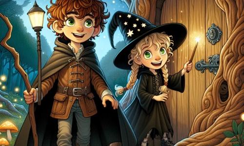 An 11-year-old boy named Oliver, with curly brown hair and sparkling green eyes full of excitement, stands in front of a carved wooden door in an ancient tree, his face showing both curiosity and nervousness. He wears an old wizard costume, complete with a long black cape and a pointed hat, holding a small lantern to light his way. Next to him is Emma, an 11-year-old girl with braided blonde hair and mischievous bright eyes, dressed as a witch with a black hat adorned with stars and a magic wand in hand. She smiles enthusiastically, ready to step into the unknown. The setting is an enchanted forest, featuring majestic trees with gnarled trunks and leaves shimmering in the moonlight. Fireflies dance around them, adding a touch of magic to the nighttime atmosphere, while glowing mushrooms illuminate the ground. The main scene shows Oliver and Emma standing before the mysterious door, hesitating to enter the magical world that awaits them, surrounded by the mystical aura of the forest, ready for an unforgettable adventure.