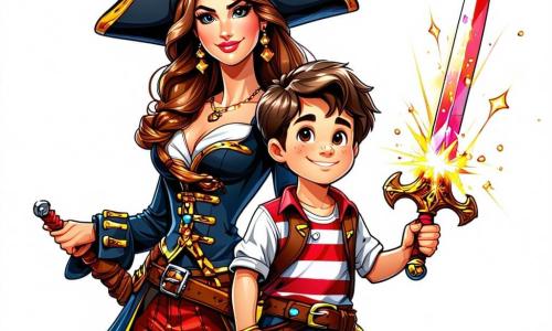 A cena representa a Capitã Valentina, uma mulher pirata corajosa de cerca de trinta anos, com cabelos longos e ondulados, usando um chapéu de pirata adornado com uma pena colorida. Ela tem um olhar determinado e orgulhoso, brandindo uma espada cintilante, pronta para enfrentar seu inimigo. Ao seu lado está Rato, um garoto de cerca de 12 anos, com cabelos curtos e desgrenhados, vestido com uma camisa listrada e calças de lona. Ele segura uma bússola velha, olhando com curiosidade e empolgação. Pingo, um menino de 10 anos, faz caretas para distrair os piratas inimigos, com um grande sorriso no rosto e um bandana vermelha na cabeça. A cena ocorre no convés de um navio pirata, o Maravilha, que balança levemente sob as ondas. O céu é azul com algumas nuvens brancas, e o sol brilha, iluminando a bandeira negra que flutua ao vento. Ao fundo, vê-se outro navio, o barco de Barba Branca, com piratas se preparando para a batalha. Valentina, Rato e Pingo estão firmemente no convés, prontos para defender seu navio contra os piratas de Barba Branca, com uma atmosfera de tensão e excitação no ar.