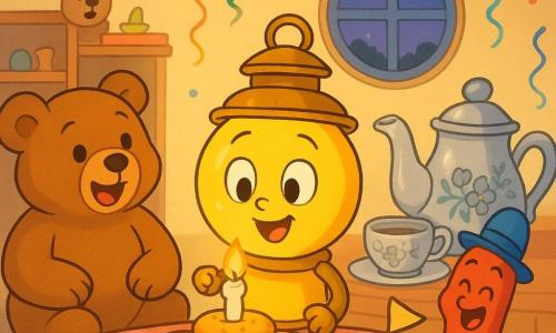 Uma pequena lanterna antropomórfica redonda e brilhante, corpo metálico amarelo suave e vidro translúcido, sorriso largo e olhos luminosos, confiante e timidamente feliz, está sobre a mesa soprando uma vela em um prato de cupcakes; à esquerda, um grande urso de pelúcia marrom claro sentado, pelagem macia e olhos costurados, canta alegremente com as patas no colo; à direita, um sapato vermelho engraçado com um pequeno chapéu azul inclina-se rindo e segura uma bandeira de papel; atrás da lanterna, uma pequena chaleira prateada com motivos florais sopra vapor em forma de coração junto a uma xícara; cena numa quarto acolhedor de paredes pastel, janela redonda com crepúsculo, guirlandas e decorações coloridas, mesa com toalha xadrez e cartas espalhadas; situação: festa de aniversário íntima e tranquila, amigos aplaudem enquanto a lanterna sopra a vela, ambiente caloroso com cores vivas e luz suave.