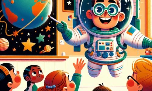 Um astronauta sorridente, com um capacete brilhante e um traje espacial branco, flutua alegremente em uma sala de aula. Seus olhos brilham de empolgação enquanto mostra uma imagem da Terra para as crianças. Uma menina de 6 anos, com cabelos cacheados e castanhos, levanta a mão com admiração, seus olhos arregalados de curiosidade. Um menino de 7 anos, com óculos e cabelos loiros, ouve atentamente, com um grande sorriso no rosto. A cena acontece em uma sala de aula colorida, com pôsteres de planetas nas paredes e desenhos de estrelas no quadro. O astronauta conta suas aventuras no espaço, enquanto as crianças o ouvem fascinadas, imaginando as estrelas e a Terra vista de longe.