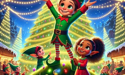 Tico Tico, um pequeno duende com grandes orelhas pontudas e um sorriso radiante, está no topo de uma imensa árvore de Natal, com os braços levantados em sinal de vitória, seus olhos brilhando de alegria. Ele veste um traje verde vivo decorado com sinos que tilintam a cada movimento. Ao seu lado, Lili, outra duende com cabelos cacheados e um vestido vermelho cintilante, aplaude com os braços levantados, seu rosto radiante de orgulho e excitação. Ela está cercada por vários outros duendes sorridentes que decoram a base da árvore com guirlandas coloridas e bolas brilhantes. O local é um mercado de Natal encantado, iluminado por milhares de luzes cintilantes, com barracas de madeira decoradas com doces e brinquedos, e flocos de neve caindo suavemente do céu estrelado, criando uma atmosfera mágica e acolhedora. A cena principal mostra Tico Tico triunfante no topo da árvore, tendo conseguido colocar a estrela brilhante, enquanto seus amigos o incentivam e celebram juntos a magia do Natal, cheios de alegria e amizade.