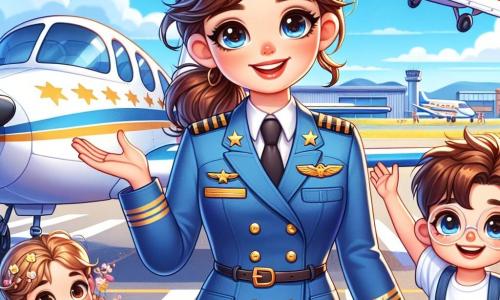 Clara, uma piloto sorridente, está de pé ao lado de seu avião colorido, vestindo um macacão azul com estrelas douradas. Seus cabelos castanhos estão presos em um rabo de cavalo, e seus olhos brilham de excitação. Ela segura um mapa aéreo em uma mão e faz um gesto amigável com a outra, como se estivesse recebendo as crianças. Lucas, um garoto de 8 anos com cabelos castanhos e óculos redondos, está ao lado dela, com os olhos arregalados de fascínio, segurando um pequeno modelo de avião de plástico. Ana, uma menina de 7 anos com tranças loiras, está logo atrás de Lucas, levantando os braços com um grande sorriso, como se sonhasse em voar. A cena acontece no pátio de um aeroporto ensolarado, com um céu azul brilhante e algumas nuvens brancas. Ao fundo, vê-se outros aviões estacionados e crianças brincando alegremente. Clara compartilha seu amor pelo voo com as crianças, contando histórias de aventuras nos ares, enquanto elas escutam atentamente, maravilhadas com seus relatos.
