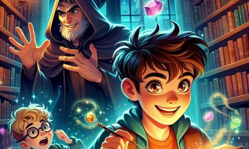 Ein 10-jähriger Junge mit zerzausten kastanienbraunen Haaren und neugierigen, glänzenden Augen steht im Mittelpunkt des Bildes und hält ein funkelndes Amulett in der Hand. Sein Gesicht zeigt eine fröhliche Entschlossenheit, mit einem breiten Lächeln, das seine Begeisterung für das Abenteuer verrät. Neben ihm schaut ein 10-jähriger Junge mit runden Brillen und blonden Haaren bewundernd mit weit aufgerissenen Augen auf ein altes Buch, das in der Luft schwebt. Der Hintergrund ist eine alte Bibliothek mit dunklen Holzregalen, die mit bunten Buchcovern gefüllt sind. Magische Lichter tanzen um sie herum und beleuchten die Seiten der Bücher, die sich von selbst öffnen und schließen. Die Hauptsituation zeigt den entschlossenen Jungen gegenüber einem geheimnisvollen Professor, dessen Gesicht unter einer Kapuze verborgen ist und der vor einem großen schwebenden Buch Zaubersprüche murmelt. Funkelnde magische Partikel wirbeln um sie herum und schaffen eine sowohl faszinierende als auch märchenhafte Atmosphäre.