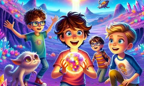 In a vibrant extraterrestrial landscape, four boys stand at the center of the scene. Max, a nine-year-old with curly hair and glasses perched on his nose, holds a glowing sphere, his face lit up with excitement. To his right, Leo, also nine, with a mischievous smile and messy brown hair, points at a small extraterrestrial with large ears observing them curiously. On the left, Ethan, another nine-year-old with sleek hair and glasses, closely examines the sphere with a concentrated expression. Finally, Sam, the youngest at eight, with blonde hair and a colorful t-shirt, jumps for joy with his arms raised to the sky. The setting is the planet Zorcon, where the bright purple ground is dotted with sparkling crystals reflecting the light from two suns. In the background, vividly colored crystalline plants rise towards the sky, and rolling hills add depth to this fantastic landscape. The main scene shows the boys discovering the mysterious energy pulsing in the sphere, while a Zorclop, a tall, thin extraterrestrial with green skin and three bright eyes, watches them kindly, ready to assist in their adventure.