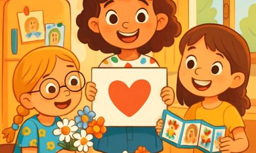 Ci sono 3 personaggi: - Mia: una ragazza di 8 anni, con capelli ricci castani e occhi scintillanti. Indossa una maglietta a pois colorati e una gonna di denim, ed è in piedi al centro, tenendo un grande cartone bianco con scritto "Grazie, mamma". - Sara: una ragazza di 8 anni, con capelli biondi intrecciati e occhiali tondi. Indossa un vestito a fiori e si inclina leggermente in avanti, tenendo un mazzo di margherite colorate. Si trova a sinistra di Mia. - Giulia: una ragazza di 8 anni, con capelli castani lisci e una piccola treccia. Indossa una maglietta gialla e un pantaloncino di jeans. È a destra di Mia, mentre tiene un piccolo album fotografico a fisarmonica, con un grande sorriso sul volto. La scena si svolge in una cucina accogliente, illuminata da una luce dorata. Il tavolo è coperto da una bella tovaglia a quadretti rossi, decorato con piccoli mazzi di fiori e piatti colorati con frutta tagliata a forma di cuore. Sullo sfondo si vede un frigorifero decorato con disegni di bambini e una finestra aperta che lascia entrare un dolce raggio di sole. La situazione principale mostra le tre amiche mentre celebrano la festa della mamma, circondate da decorazioni colorate. Sorridono gioiosamente, pronte a rivelare la loro sorpresa alle mamme, con risate e gioia nell'aria.