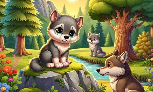 Ein kleiner Wolf mit leuchtenden Augen und weichem grauem Fell steht nachdenklich und ein wenig traurig auf einem großen moosbedeckten Stein und blickt in die Ferne. Er wirkt wie ein junges Kind, mit einer leicht gebückten Haltung, als ob er die Last seiner Emotionen trägt. In der Nähe sitzt eine Mama-Wolf mit hellbraunem Fell, sanftem und tröstlichem Blick, auf dem Gras mit überkreuzten Pfoten und einem leichten Lächeln, um ihren kleinen zu beruhigen. Ein Papa-Wolf mit dunklerem Fell und warmem Ausdruck steht etwas im Hintergrund, die Pfoten auf einem Baumstamm, und beobachtet seinen Sohn mit Liebe und Verständnis. Der Ort ist eine wunderschöne Ecke des Waldes, durchflutet von goldenem Licht der untergehenden Sonne, mit majestätischen Bäumen und bunten Blumen, die den Boden schmücken. Ein glitzernder Bach fließt in der Nähe und verleiht der Szene eine friedliche Note. Die Hauptsituation zeigt den kleinen Wolf, der einen emotionalen Moment mit seinen Eltern teilt, während sie über die Trennung sprechen, umgeben von der beruhigenden Schönheit der Natur, die Zärtlichkeit und Verständnis inmitten des Wandels illustriert.