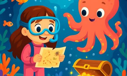 Una niña de 6 años, llamada Lucía, con largos cabellos castaños y ojos llenos de curiosidad, lleva un traje de buceo rosa y una máscara de snorkel. Sonríe con asombro, sosteniendo un mapa del tesoro en sus pequeñas manos. A su lado, un gran pulpo de tentáculos coloridos, con una cara amigable y ojos redondos, flota en el agua, mostrándole el camino con uno de sus brazos. El escenario es una cueva submarina mágica, llena de corales vibrantes, peces multicolores nadando a su alrededor y luces centelleantes que iluminan el agua. La situación principal muestra a Lucía y al pulpo descubriendo un cofre del tesoro brillante, rodeado de arena dorada y conchas brillantes, mientras burbujas de aire escapan a su alrededor, creando un ambiente de aventura y alegría.