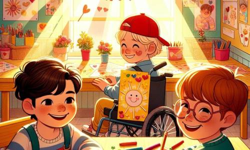 In a bright and colorful classroom, three boys are gathered around a large wooden table. On the left, Tom, a 10-year-old with messy brown hair and a big smile, holds a card decorated with drawings of suns and flowers. In the center, Max, another 10-year-old wearing a red cap and with blonde hair, is drawing cookies on his card with sparkling eyes of excitement. On the right, Sam, a 9-year-old with brown hair and glasses, is sitting in his wheelchair, holding a shiny card adorned with glitter and heart drawings, smiling widely. The classroom is decorated with colorful garlands and children's drawings hanging on the walls, with sunlight filtering through the windows, filling the room with a soft golden light. The boys are preparing cards for Mother's Day, sharing laughter and fun ideas about what to write for their moms, filled with love and creativity.
