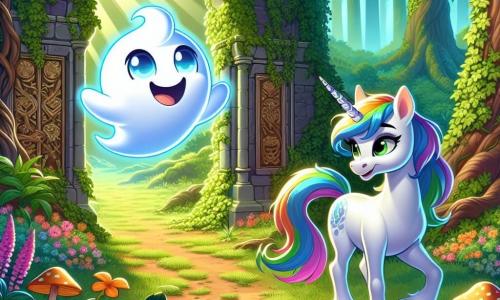 A little ghost named Pip, with a translucent and smiling appearance, joyfully floats above a dirt path in an enchanted forest. His eyes sparkle with excitement and he has a curious expression as he explores the wonders of nature around him. Next to him is Luna, a beautiful female unicorn with a shining white coat and a rainbow mane that sparkles in the sunlight. She stands majestically, looking at Pip kindly, ready to assist him in their quest. The setting is a magical forest, where tall trees with emerald leaves reach towards the sky and colorful flowers bloom around them. Sunlight streams through the branches, illuminating the mossy ground and glowing mushrooms. The main scene shows Pip and Luna discovering ancient ruins covered in ivy, with a large door adorned with mysterious symbols. They are solving a riddle to open the door and reveal the hidden treasure inside, filled with anticipation and magic.