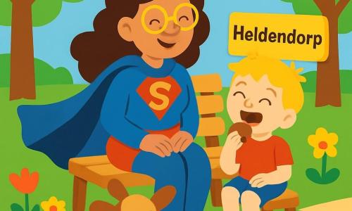 Super Sofie, een glimlachende vrouw met een lange blauwe cape, krullend haar en een glanzend paar gele brillen, zit op een bank in het park van Heldendorp, met sprankelende ogen van vreugde. Naast haar zit een 6-jarig jongetje, Max, met rommelig blond haar en een rode t-shirt, die een koekje eet en lacht. Een klein hondje met grote oren, Biscuit, speelt aan hun voeten, met zijn staart die van opwinding kwispelt. Het park is vol kleurrijke bloemen, grote bomen met bruine stammen en roze wolken die in een stralende blauwe lucht drijven. Super Sofie, blij om te ontspannen, kijkt naar de kinderen die om haar heen spelen en geniet van dit moment van rust en geluk.