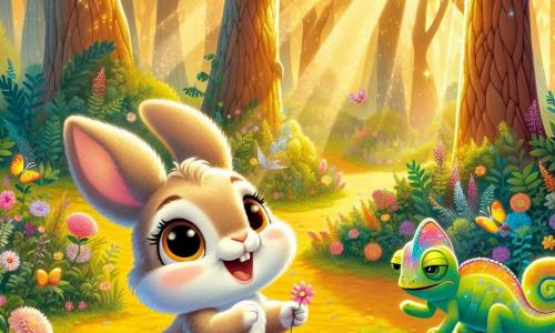 In a sunny clearing of the enchanted forest, a small rabbit named Remy, with soft and velvety fur as white as clouds, stands on his hind legs. His large, sparkling eyes shine with excitement as he observes a magnificent garden filled with colorful flowers. Remy looks determined and joyful, ready to discover the meaning of happiness. Nearby, a chameleon named Cora, with skin that changes color like a rainbow, sits on a rock, painting the sky with bright hues. She smiles, her eyes shining with wisdom, seeming to encourage Remy in his quest. The setting is a magical forest, where majestic trees with thick trunks rise towards the sky, their leaves shimmering in the golden sunlight. Bright flowers and butterflies dance around, creating a fairy-tale atmosphere. In this scene, hopeful Remy is about to ask Cora a question about happiness, illustrating the beginning of his philosophical adventure.