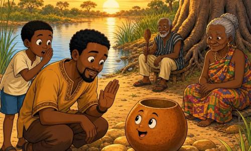 Kofi is a smiling man in his thirties with a broad face, warm brown skin and gentle eyes; he is calm and awed, crouching by a gourd placed on golden stones with his right hand raised in respect. A boy of about eight with short black hair and brown skin stands behind Kofi to the left, leaning toward the gourd and whispering with wide eyes. Mama Adwoa, about eighty, with deep wrinkles and gray hair in a bun, wearing a colorful wrapper, sits under a distant baobab to the right with a kindly look and a slight smile. Elder Mensah, about seventy with a short gray beard, holds a small carved wooden spoon and sits on a low stool near the path, apart but watching. The setting is a river bend at sunrise: round, shiny golden stones, calm water reflecting an orange sky, tall grasses, some reeds and a large baobab with exposed roots. The scene shows a sacred, silent moment before the talking gourd on the golden stones; Kofi and the boy greet the gourd in a gentle, respectful atmosphere with warm morning light, clear style, crisp lines, bright colors and simple shapes suitable for children.