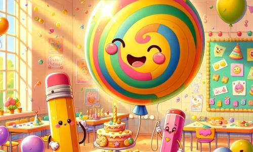 Na środku obrazka unosi się kolorowy balon o imieniu Bobo, z uśmiechniętą twarzą i błyszczącymi oczami, radośnie otoczony kolorowymi konfetti. Jest ozdobiony spiralnymi wzorami i jaskrawymi paskami, a jego wyraz twarzy pokazuje ogromną radość i podekscytowanie z powodu urodzin. Obok niego Kiki, różowy ołówek z uśmiechniętą głową i gumowymi ramionami, trzyma talerz pełen pysznych ciasteczek w kształcie gwiazdek i serc. Jej wyraz twarzy jest entuzjastyczny, gotowa podzielić się swoimi wypiekami z gośćmi. W tle klasa jest udekorowana kolorowymi girlandami i unoszącymi się balonami. Na ścianach wiszą rysunki urodzinowe, a duży stół jest pełen ciast, słodyczy i gier. Delikatne światło słońca przenika przez okna, tworząc ciepłą i radosną atmosferę. Główna scena pokazuje Bobo i Kiki świętujących razem, otoczonych przyjaciółmi, przygotowujących wielką imprezę urodzinową, z śmiechem i radością w powietrzu.
