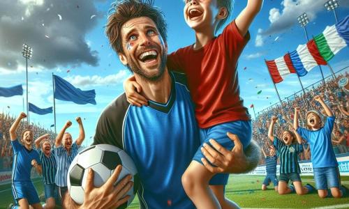 Een blije en lachende man draagt een blauwe voetbalshirt en een zwarte short. Hij viert een overwinning op het veld, met zijn armen in de lucht en een grote glimlach, zijn bruine haar in de war. Naast hem springt een jongen van ongeveer 8 jaar met blond haar en een bril van blijdschap, gekleed in een rode t-shirt en een blauwe short. Hij houdt een voetbal onder zijn arm en kijkt zijn vader bewonderend aan. De achtergrond is een groen voetbalveld, omringd door enthousiaste toeschouwers op de tribunes, met vlaggen die in de wind wapperen en een blauwe lucht met witte wolken. De hoofdscene toont de vader en zoon die samen de overwinning van hun team vieren, omringd door een feestelijke sfeer, met confetti die uit de lucht valt en vrienden die zich bij hen voegen om dit blije moment te delen.