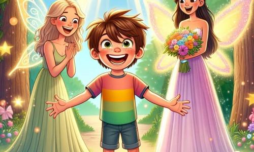 Um menino de 10 anos, Lucas, com cabelos castanhos bagunçados e um grande sorriso, está no centro de uma clareira encantada, de braços abertos, irradiando excitação e alegria. Ele usa uma camiseta colorida e um short, e seu olhar brilhante revela sua felicidade por ter preparado uma surpresa para sua mãe. Ao lado dele, sua mãe, uma mulher de cerca de 30 anos, com longos cabelos castanhos e um sorriso caloroso, está maravilhada com a beleza da festa. Ela veste um vestido leve em cores pastel e segura um buquê de flores vibrantes, encantada com o amor e o esforço do filho. Ao fundo, uma pequena fada chamada Florinda, com asas cintilantes e um vestido feito de pétalas de flores, voa alegremente espalhando poeira mágica ao redor. O local é um bosque encantado, repleto de flores coloridas que dançam ao vento, com luzes brilhantes penduradas nos galhos das árvores. Um grande tapete de folhas forma uma pista de dança, e mesas decoradas com iguarias deliciosas estão dispostas ao redor, criando uma atmosfera festiva e acolhedora. A cena principal mostra Lucas e sua mãe no momento da surpresa, cercados por seus amigos mágicos, celebrando juntos o Dia das Mães em uma explosão de cores e alegria, com risos e brilhos de luz preenchendo o ar.