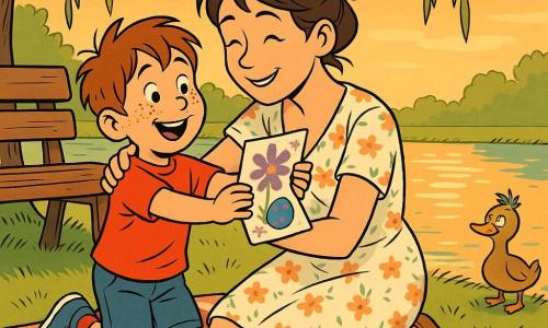 An 8-year-old boy with a round freckled face and messy chestnut hair, eyes bright with joy, offers a small folded card decorated with crayons and purple glitter to his mother; she, about 30–35, brown hair in a messy bun and wearing a floral dress, sits on a picnic blanket by a bench under a weeping willow, hugging him as she receives the Mother's Day card with a painted pebble tucked inside; a small duck with a tuft of grass on its head watches from the water's edge, the neat riverside boardwalk, painted pebbles on a flat stone and low grasses lit by soft late-afternoon golden light.
