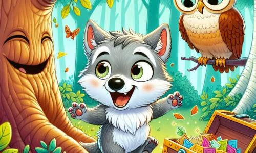 Um pequeno lobo chamado Lupinho, com um pelagem cinza macia e olhos brilhantes de curiosidade, está cavando entusiasticamente perto de uma grande árvore que se parece com um elefante, seu rosto radiante de alegria e excitação. Ao seu lado, o sábio Sr. Coruja, uma coruja com penas marrons e grandes olhos redondos, observa com um sorriso benevolente, empoleirado em um galho, parecendo divertido com a energia de Lupinho. A cena acontece na Floresta das Risadas, onde as árvores riem com folhas que dançam ao vento, criando uma atmosfera mágica e alegre. Lupinho descobre uma velha caixa enterrada no solo, revelando bilhetes coloridos que prometem risadas e felicidade, enquanto risadas ecoam ao redor deles.