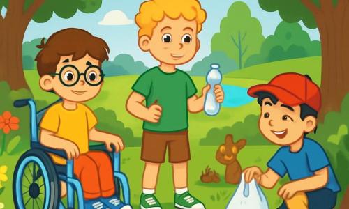 Există 3 personaje: - Alex: un băiat de 10 ani, cu păr brun și ochelari rotunzi. Stă într-un scaun cu rotile albastru, privindu-l trist pe parc. - Luca: un băiat de 10 ani, cu păr blond și creț, îmbrăcat cu un tricou verde și pantaloni scurți. Stă în picioare, ținând o sticlă de plastic în mână, cu un aer hotărât. - Vlad: un băiat de 10 ani, cu păr negru și o șapcă roșie. Este așezat lângă un copac, râzând în timp ce observă o veveriță curioasă care caută hrană printre gunoaie. Locul este un parc verde, cu copaci mari cu frunze strălucitoare, flori colorate pe alei, dar și gunoaie împrăștiate pe jos, creând un contrast trist. În fundal, se vede un mic lac strălucitor sub soare, iar păsările zboară deasupra, căutând un loc sigur pentru a se așeza. Situația principală arată cei trei prieteni hotărâți să curețe parc. Alex, cu un zâmbet hotărât, îi încurajează pe Luca și Vlad să adune gunoaiele, în timp ce veverița îi observă curioasă. Băieții încep să adune mizeria, transformând tristețea lor în acțiune pozitivă pentru a salva parc.