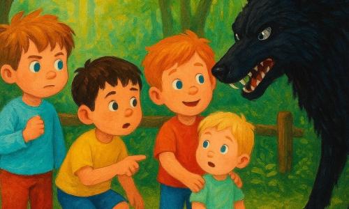 Five characters: Tom, a 3-year-old boy with tousled light-brown hair and round blue eyes, standing left with his fist to his chest, brave; Ben, 3, short black hair and freckles, crouched center-left pointing toward the forest, attentive; Leo, 3, the smallest with soft blond hair, center-right holding Max's hand, surprised but confident; Max, 3, red-haired with a big smile at right and his arm around Leo, protective; the Big Bad Wolf, a large textured black-furred silhouette with shining silver eyes and visible white fangs, slightly forward right with muzzle lowered, menacing yet startling. At the edge of a dense green forest with pale moss and brown leaves underfoot, a dirty wooden post and fence behind them and sunbeams filtering through branches; children in bright pastel clothes with wooden toys nearby, the wolf and forest in dark tones; the boys stand close together facing the wolf emerging from a dark bush, expressions of courage, solidarity, and surprise.