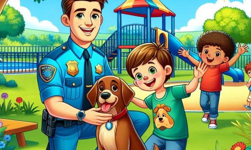 Een glimlachende politieagent, Agent Max, is een man van ongeveer dertig jaar, met bruin haar en een goed onderhouden snor. Hij draagt een heldere blauwe uniform en een glanzende badge op zijn borst, wat zijn inzet voor de bescherming van de gemeenschap laat zien. Max zit op de grond en aait een grote bruine hond met een rode halsband, met een uitdrukking van vreugde en opluchting op zijn gezicht. Naast hem staat een jonge jongen genaamd Tim, ongeveer 10 jaar oud, met rommelig blond haar en een rood t-shirt. Hij omhelst zijn hond, Bruno, met een grote glimlach, wat zijn dankbaarheid jegens Max toont. Op de achtergrond staat een groep van vier kinderen, twee jongens en twee meisjes, van 8 tot 10 jaar, die samen staan, applaudisseren en gelukkig lachen. Ze dragen kleurrijke kleding en hebben stralende gezichten van opwinding. De scène speelt zich af in een zonnig park, met weelderige groene bomen, kleurrijke bloemen en een heldere blauwe lucht. Kinderspeelgoed is zichtbaar op de achtergrond, wat een vrolijke en levendige sfeer toevoegt. De hoofdactie toont Max, de politieagent, die Bruno, de verloren hond, heeft teruggevonden en dit emotionele moment viert met Tim en de andere kinderen, wat het belang van samenwerking en gemeenschap illustreert.